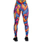 back of full length colorful feather patterned leggings