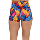 back of 2.5 inch colorful feather patterned shorts