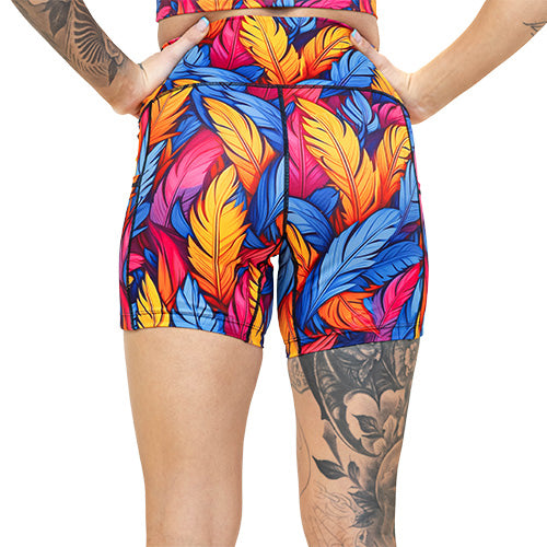 back of 5 inch colorful feather patterned shorts