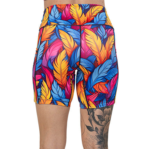 back of 7 inch colorful feather patterned shorts