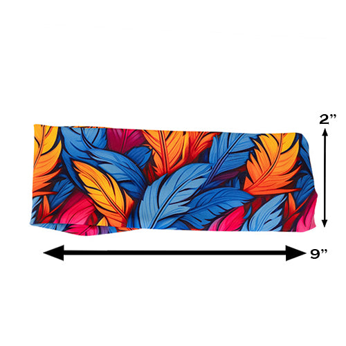 colorful feather patterned headband measured at 2 by 9 inches