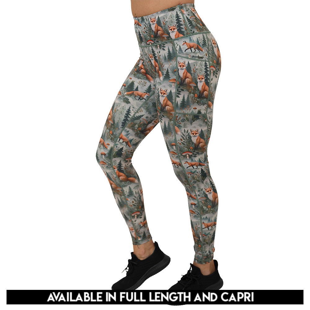 High-waisted leggings with fox and forest pattern on them