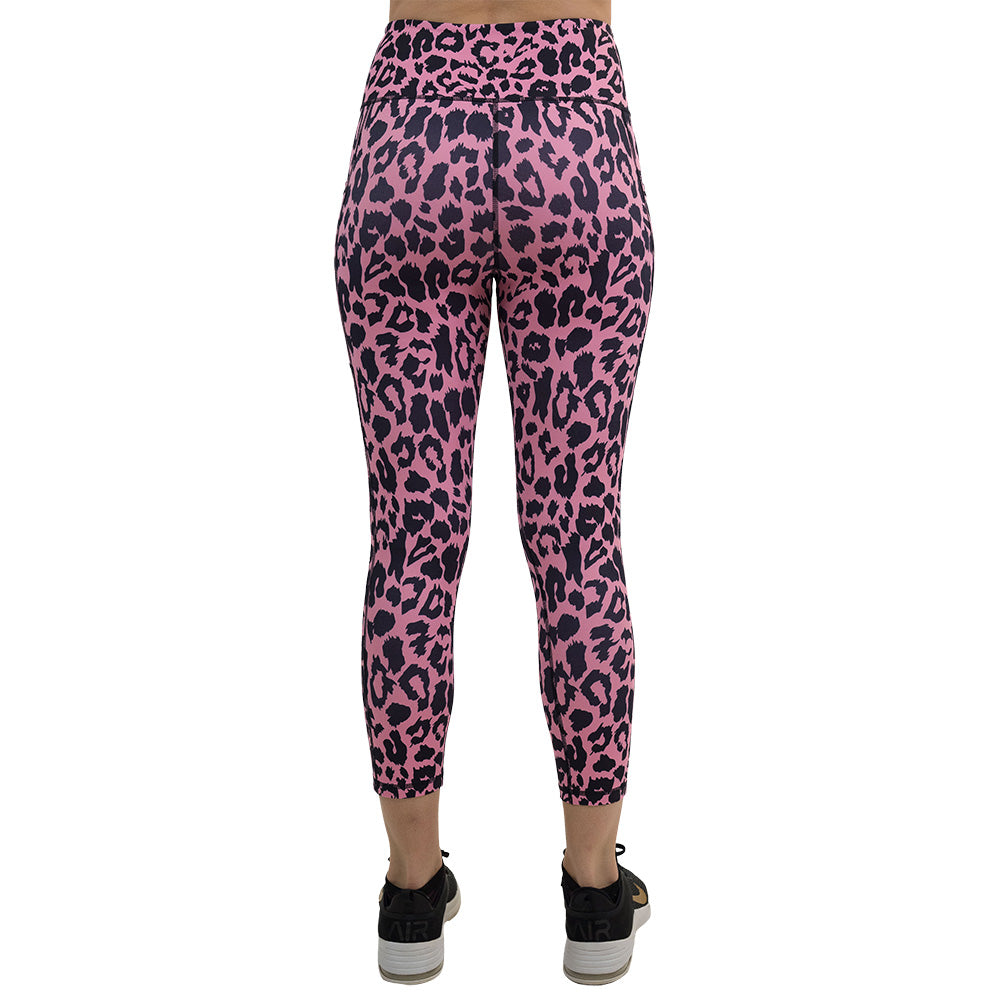 back of the capri pink leopard print leggings against a white background