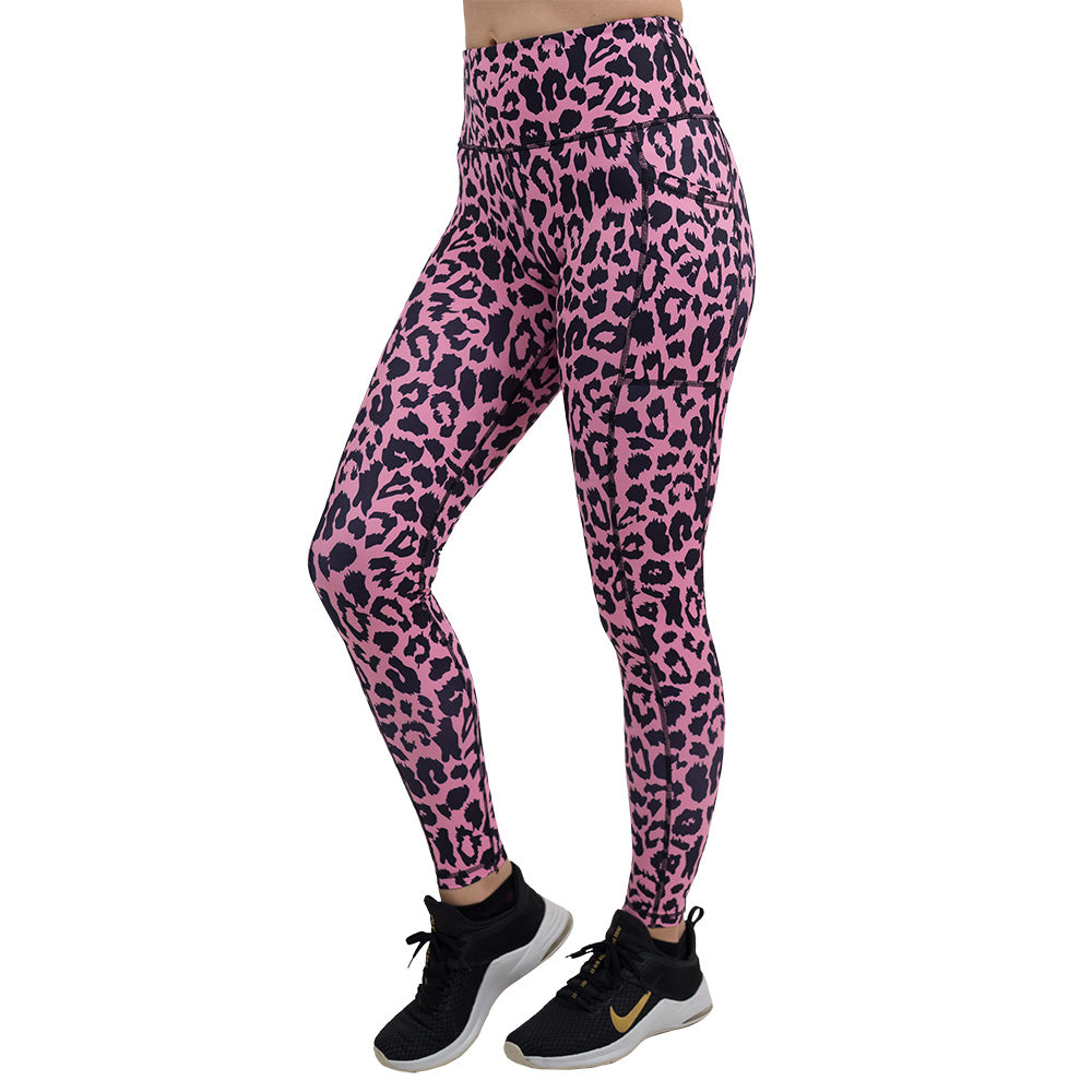the full length pink leopard print leggings facing the front against a white background