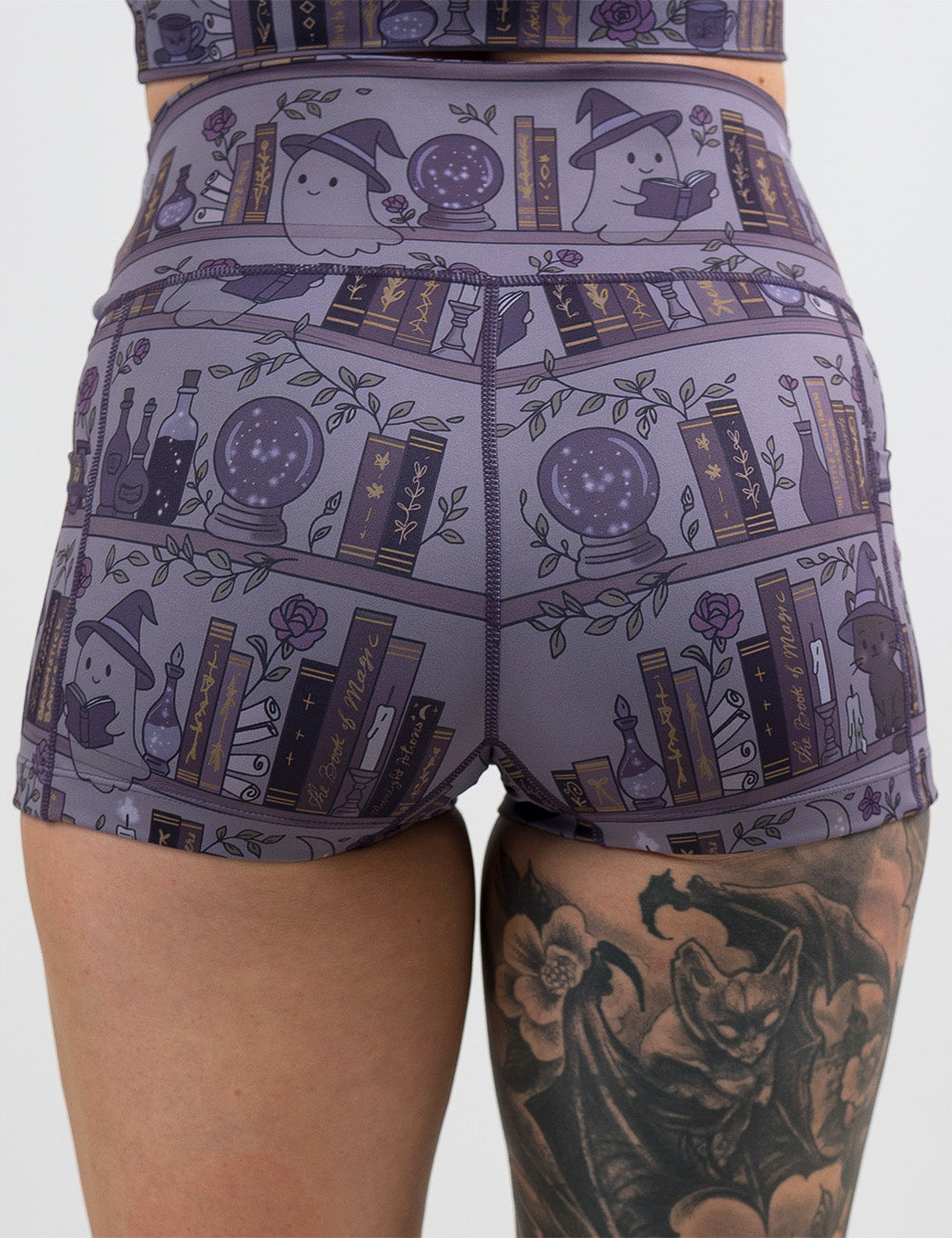 back of the 2.5 inch ghosts and cats book shelves shorts against a white background