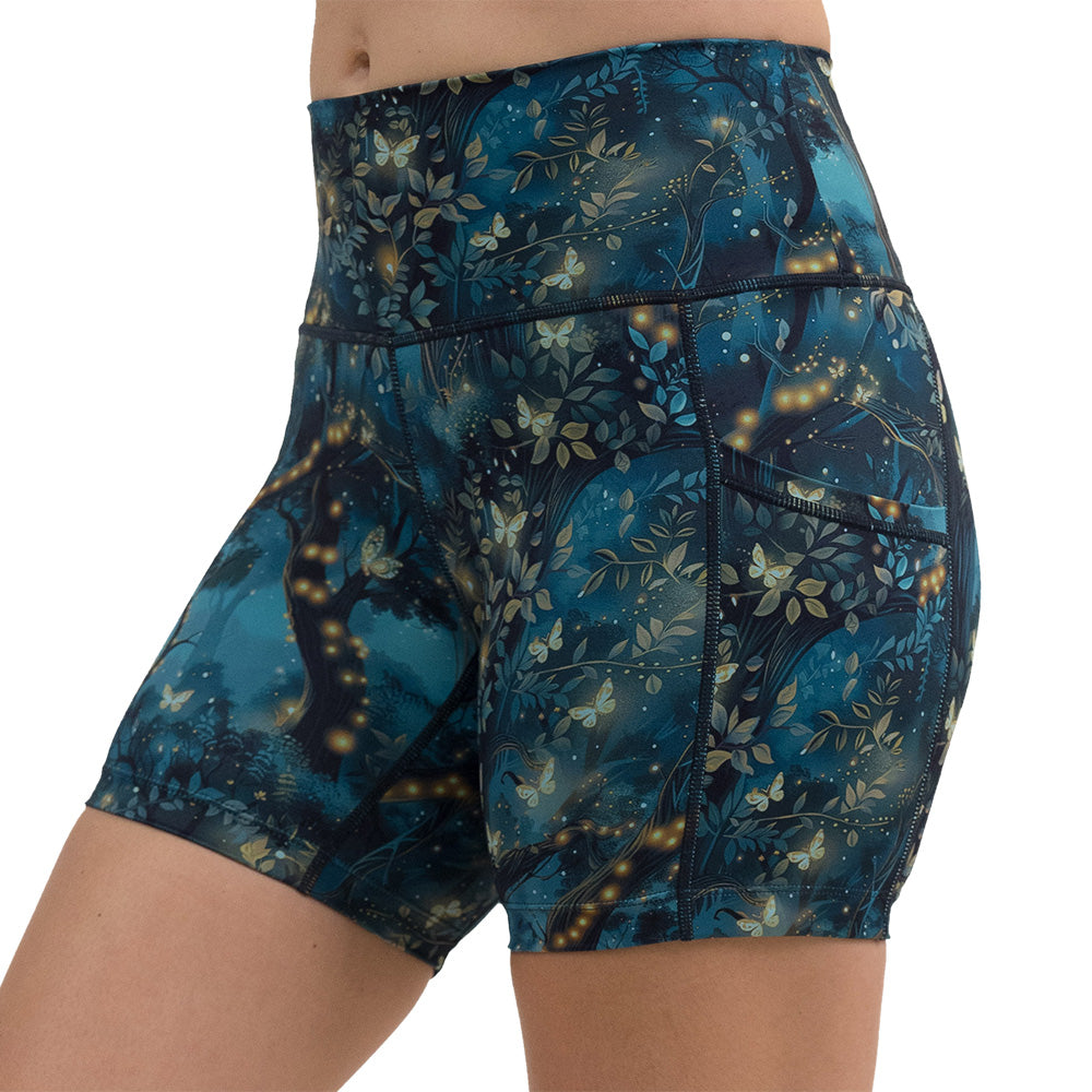 forest filled with firefly's pattern 5 inch shorts facing the front against a white background