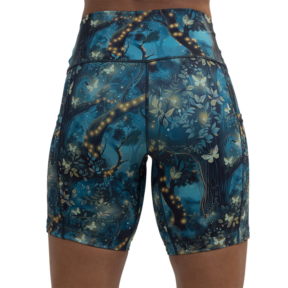 back of the 7 inch forest filled with firefly's pattern shorts against a white background
