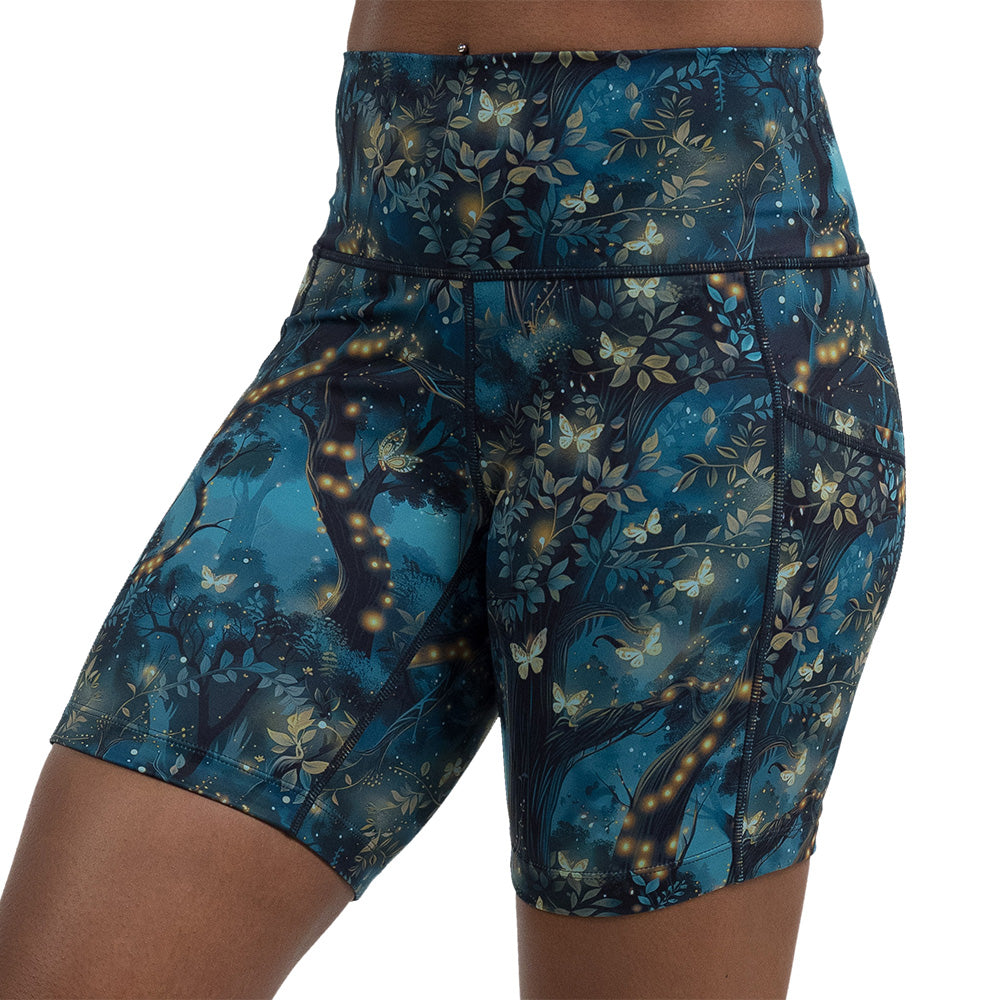 forest filled with firefly's pattern 7 inch shorts facing the side against a white background