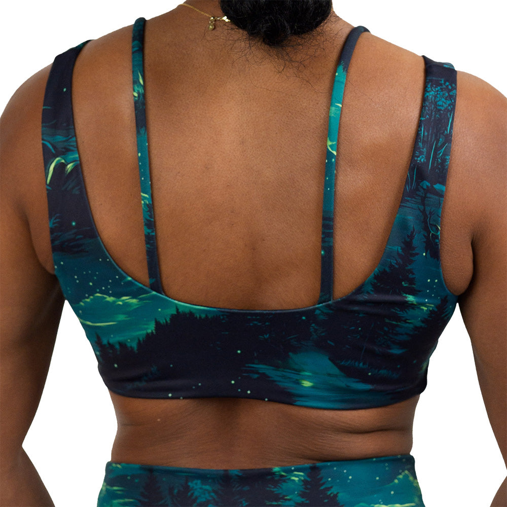 back of the night time camp out vista bra against a white background