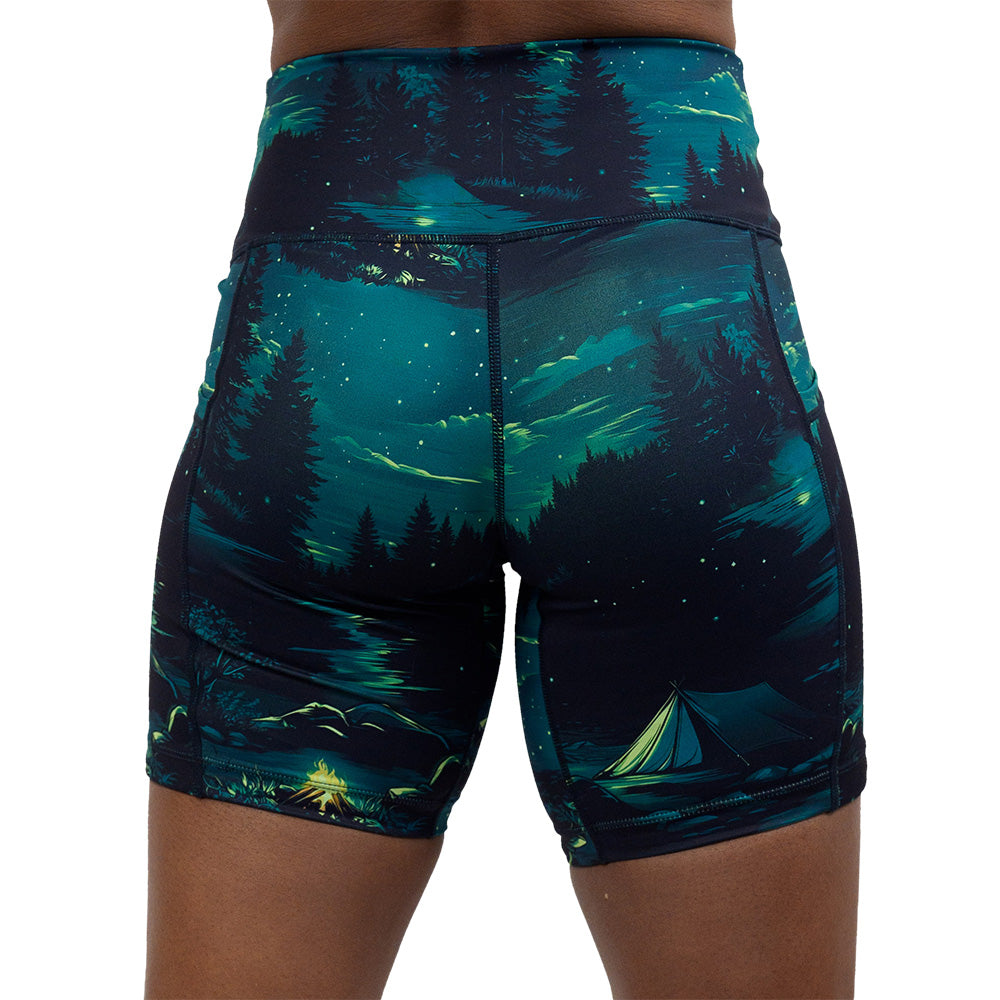back of the night time camp out 7 inch shorts against a white background