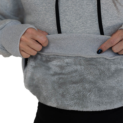 close up of the fleece inside of the light grey sweatshirt