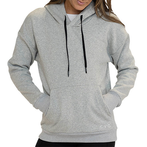 model wearing light grey sweatshirt 