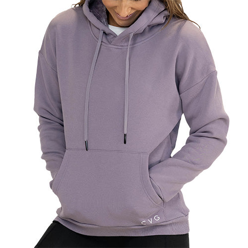 model wearing purple sweatshirt