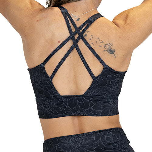 back of black lotus sports bra 