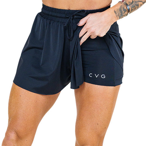 cvg logo on the black flowy shorts