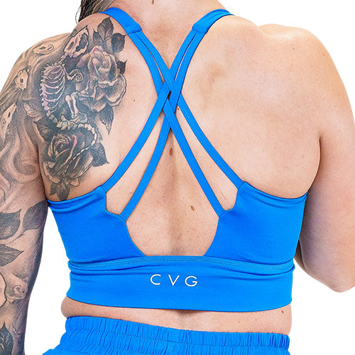 back of blue sports bra