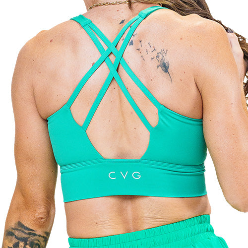 back of green sports bra 