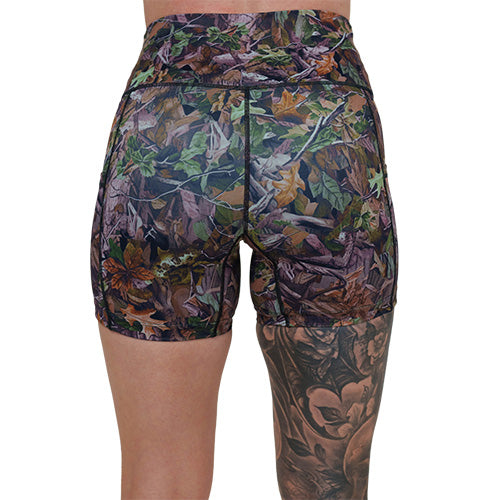 back of 5 inch forest camo patterned shorts