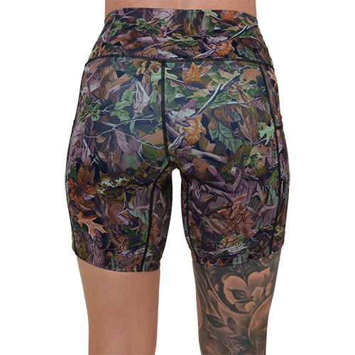 back of 7 inch forest camo patterned shorts