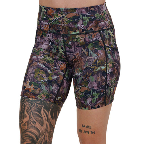 7 inch forest camo patterned shorts