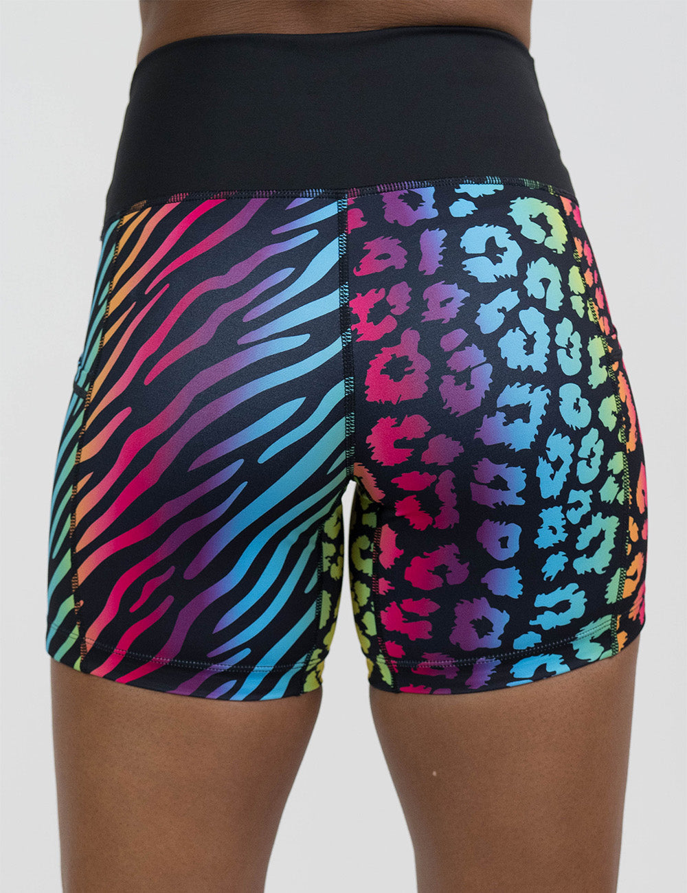 back of the 5 inch zebra and leopard rainbow print shorts against a white background