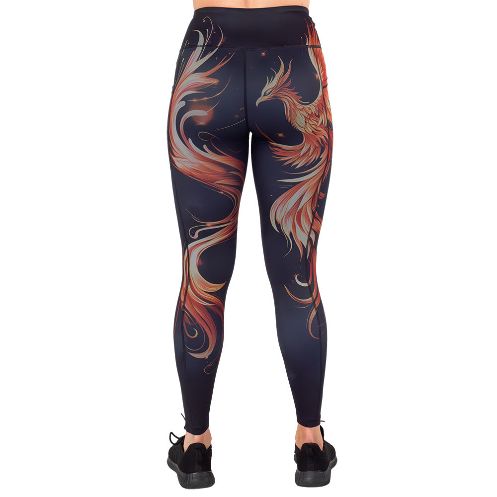 back of the black leggings with a red and orange phoenix graphic on it
