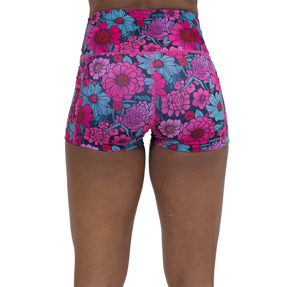 back of the pink and blue floral patterned shorts