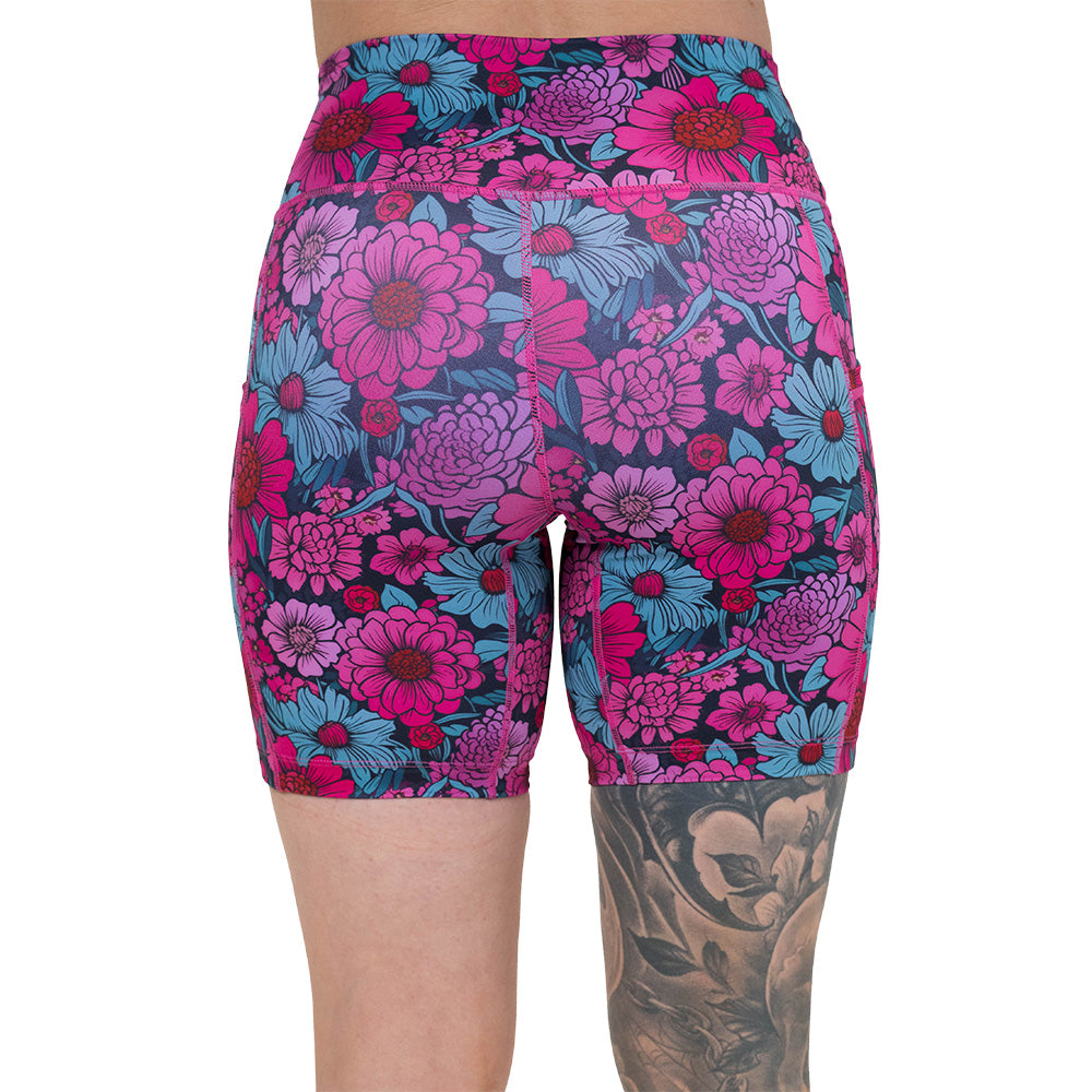 back of the pink and blue floral patterned shorts
