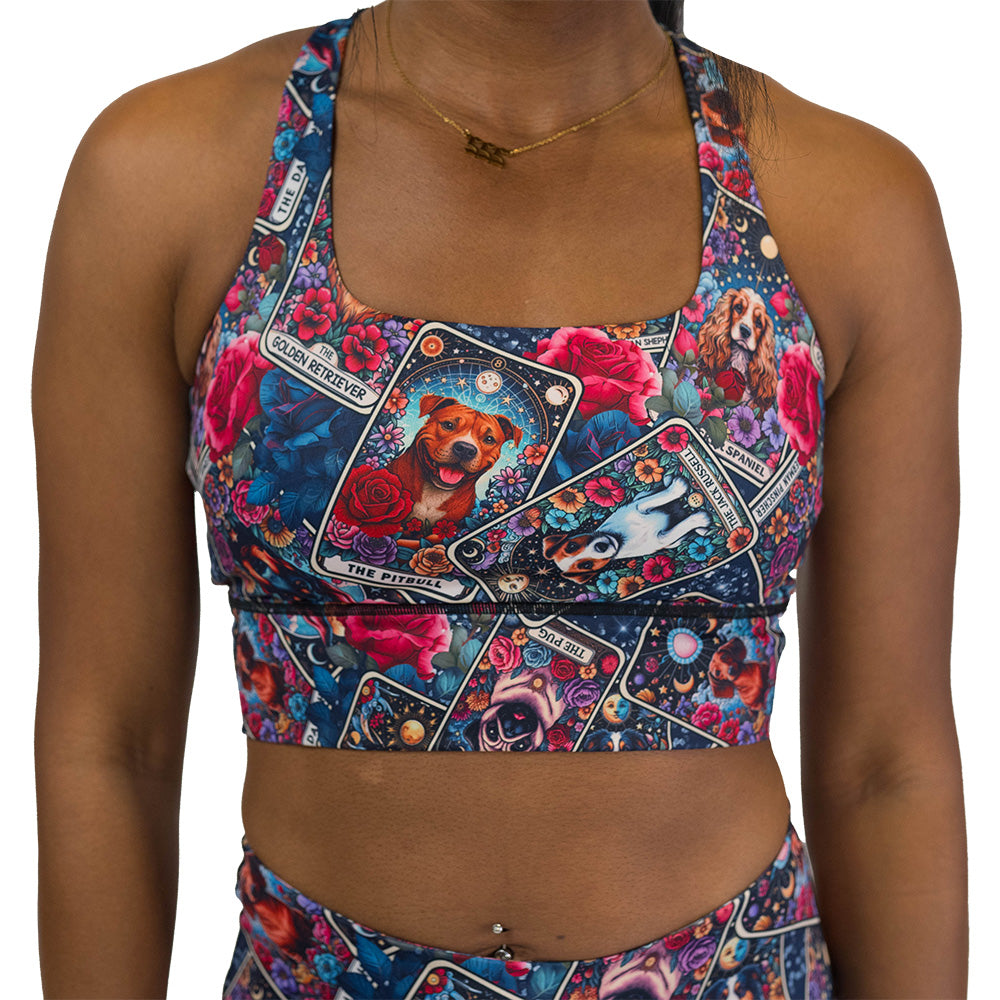 Colorful sports bra with dog illustration pattern on it