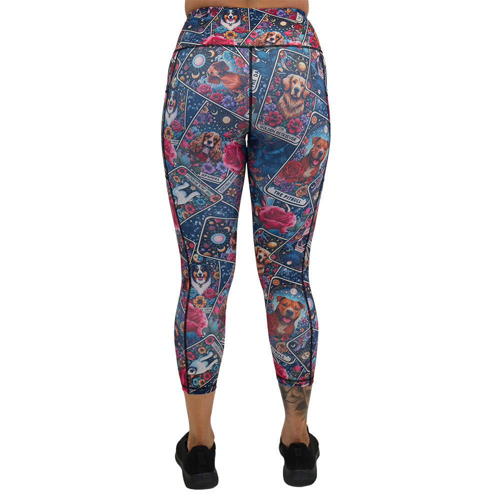 back of the Colorful leggings with dog illustration pattern on it