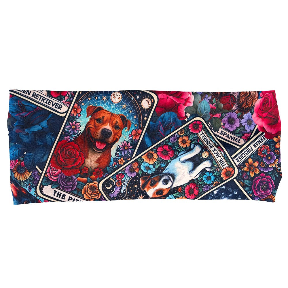 Colorful headband with dog illustration pattern on it
