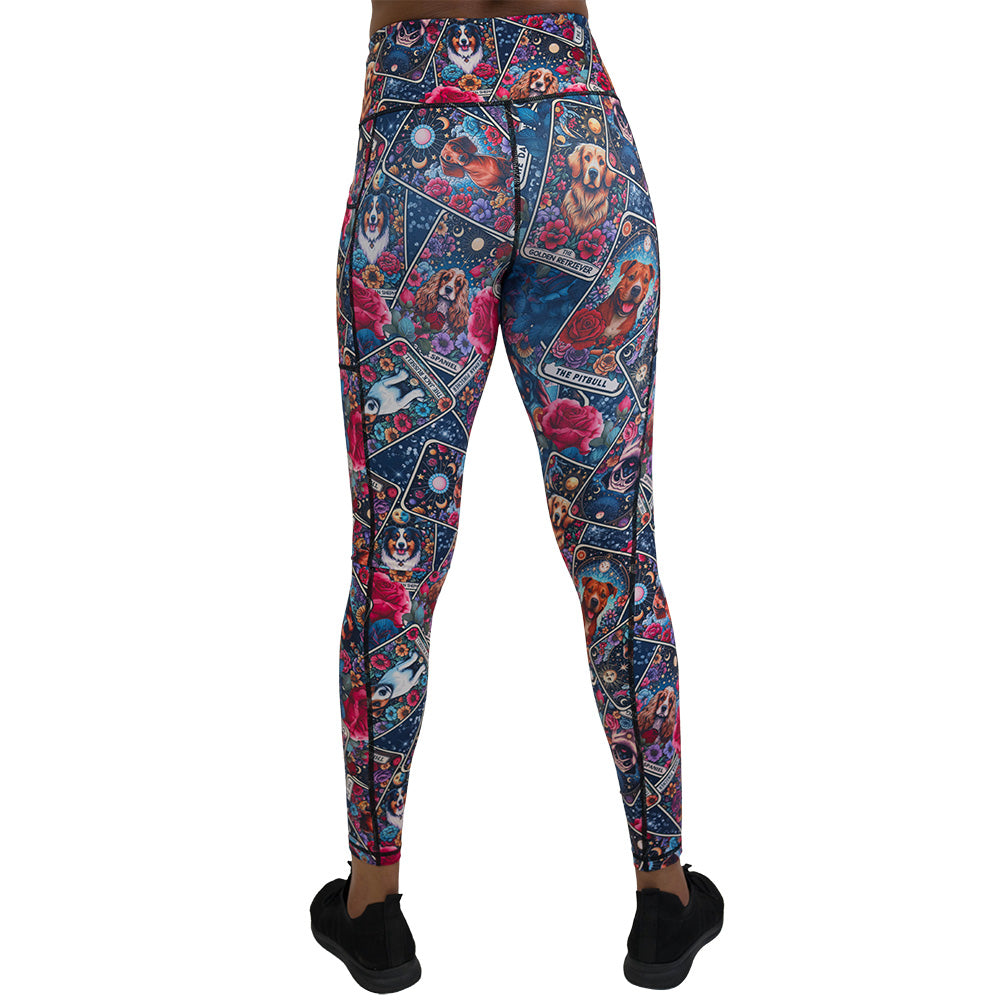 back of the Colorful leggings with dog illustration pattern on it