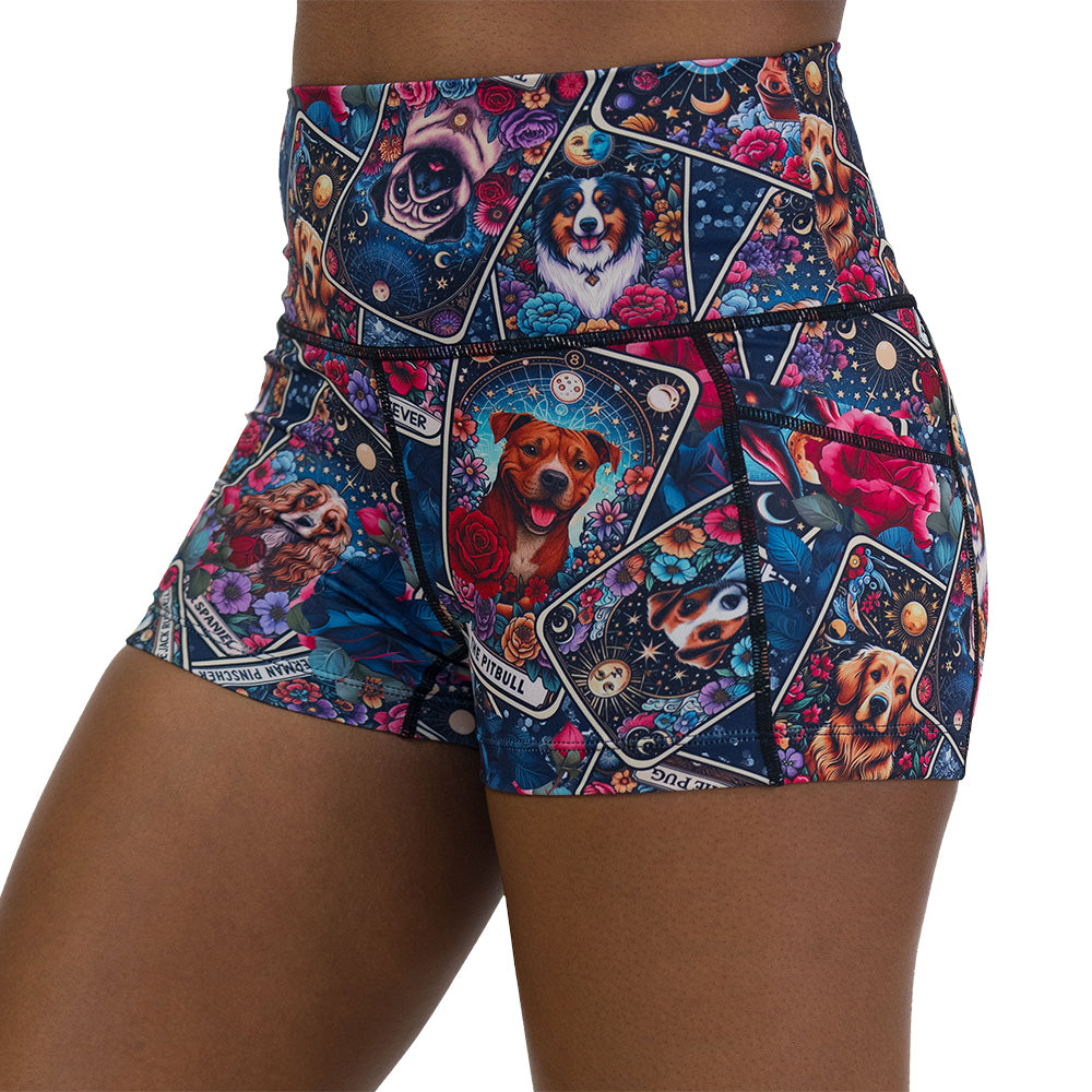 Colorful shorts with dog illustration pattern on it