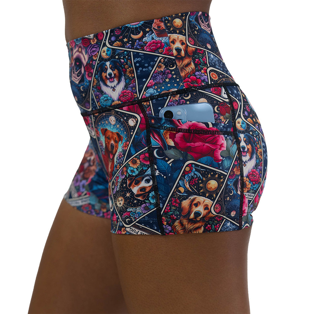 Colorful shorts with dog illustration pattern on it
