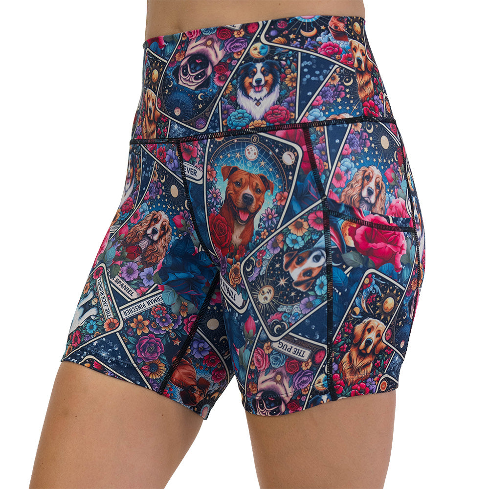 Colorful shorts with dog illustration pattern on it