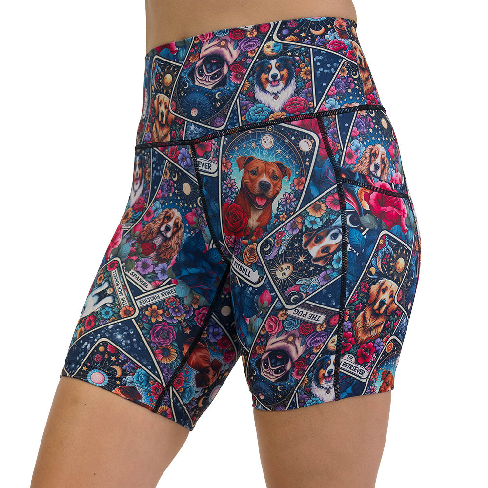Colorful shorts with dog illustration pattern on it