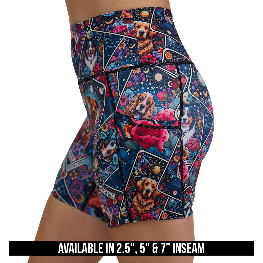 Colorful shorts with dog illustration pattern on it