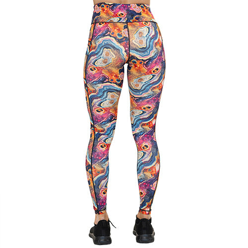 back of full length colorful marble patterned leggings