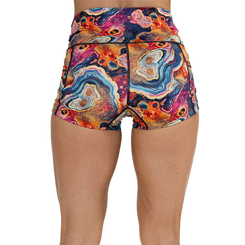 back of 2.5 inch colorful marble patterned shorts