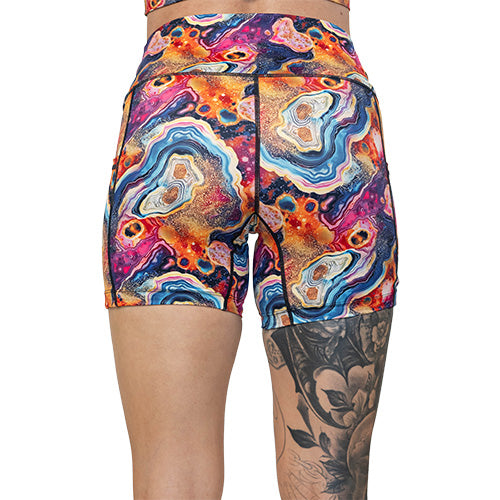back of 5 inch colorful marble patterned shorts