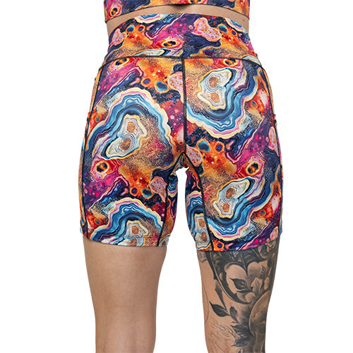 back of 7 inch colorful marble patterned shorts