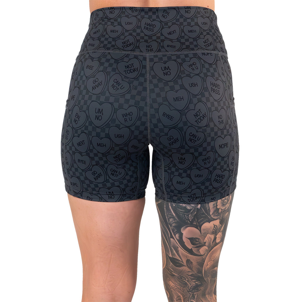 back of the black and grey heart patterned shorts