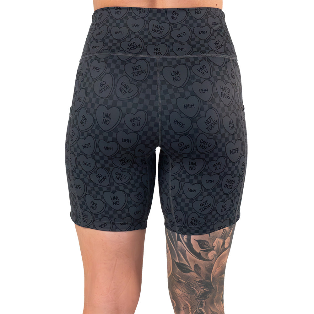 back of the black and grey heart patterned shorts