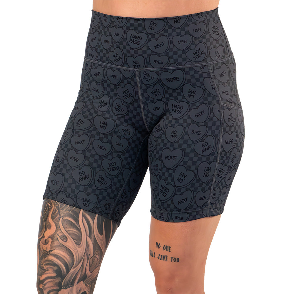 7 inch black and grey heart patterned shorts