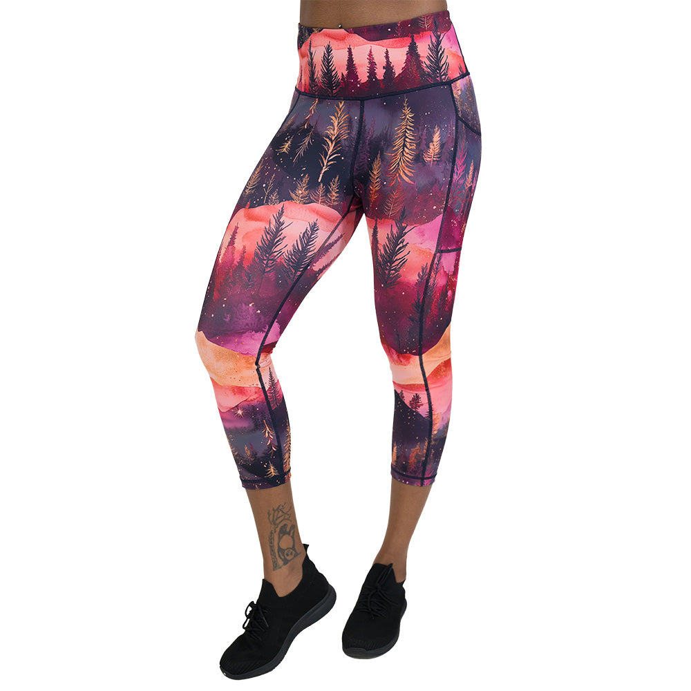 leggings with forest design and red ombre sky