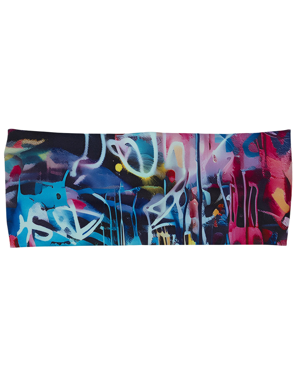front of the multicolored graffiti pattern headband against a white background