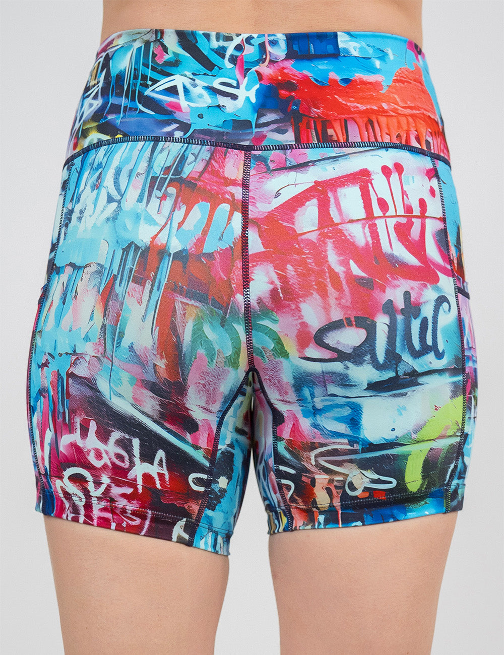 back of the  5 inch multi colored graffiti pattern shorts against a white background