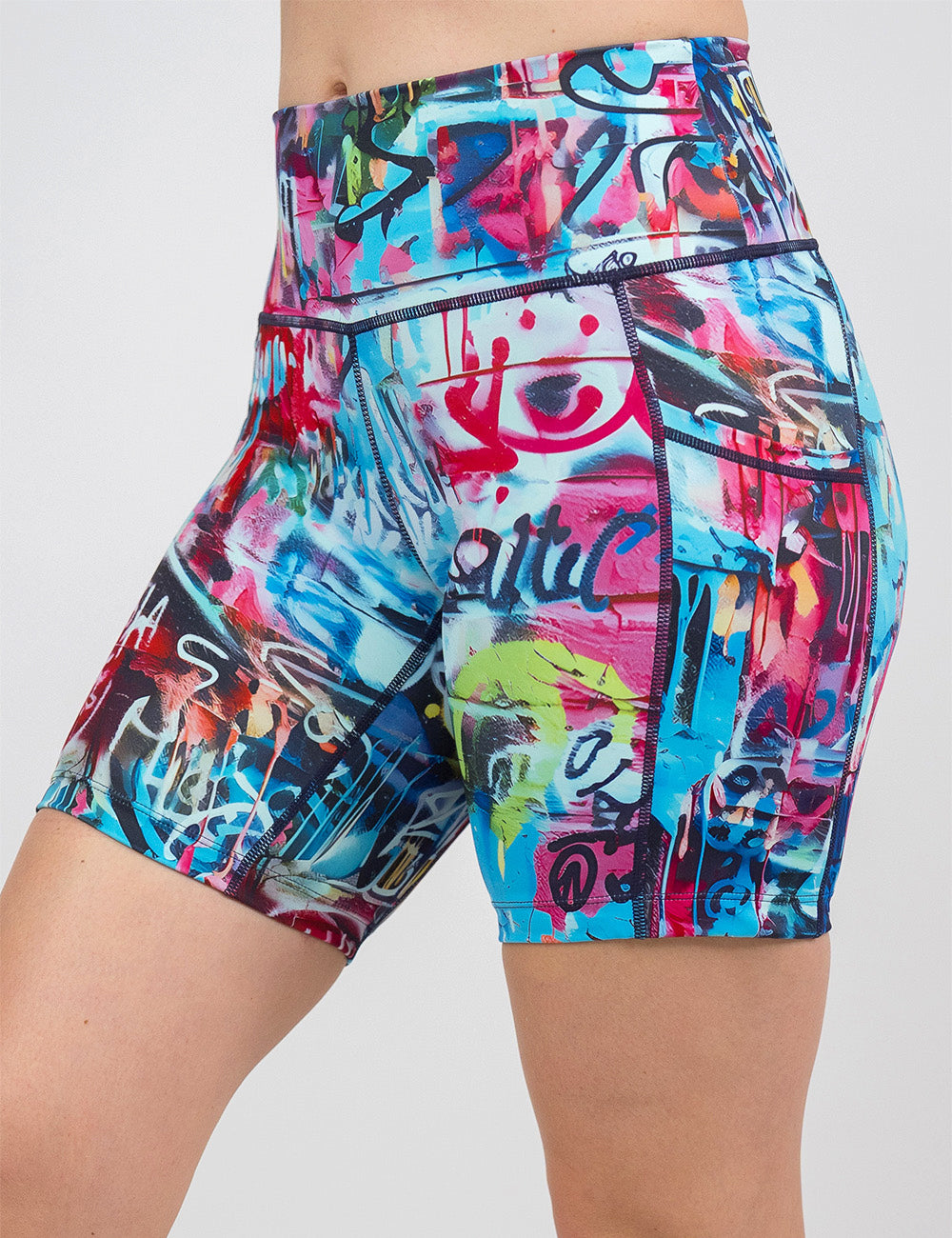 front of the 7 inch multi colored graffiti pattern shorts against a white background