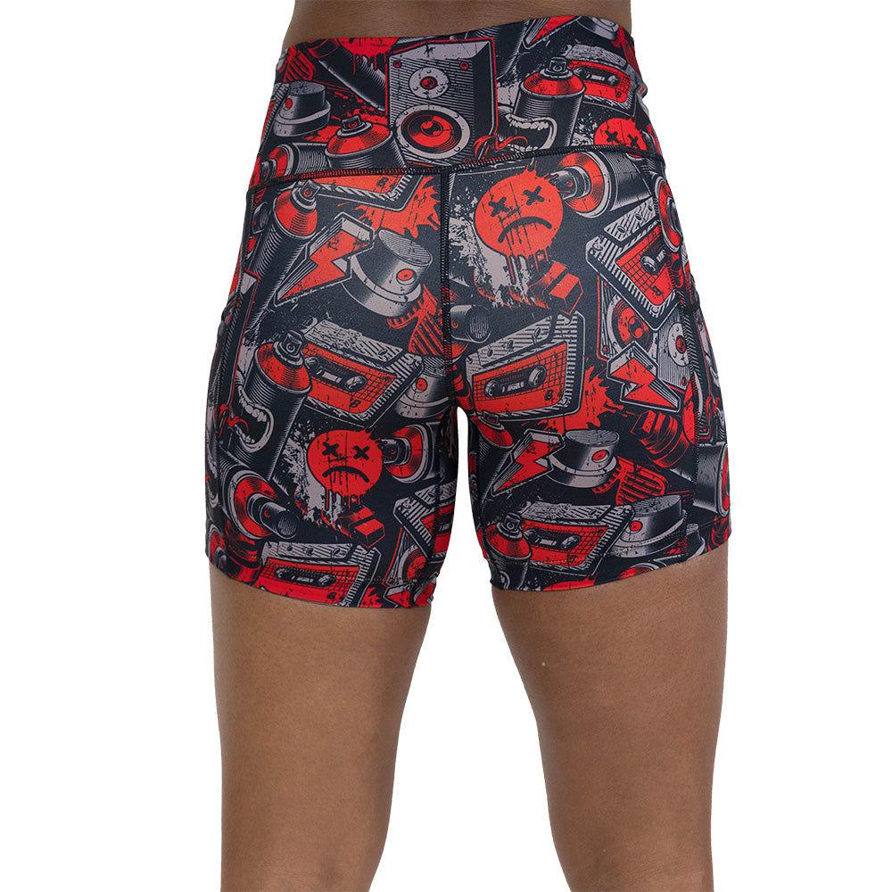 back of the graffiti patterned shorts