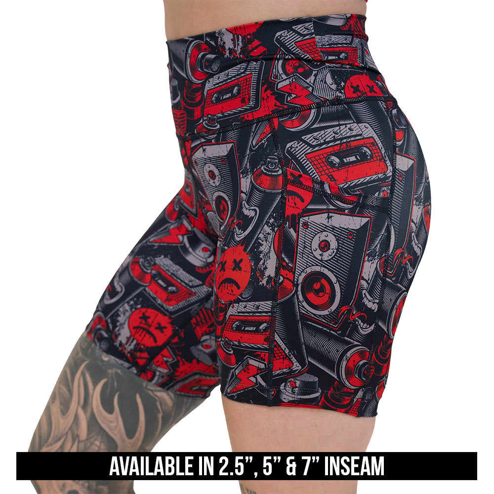 graffiti patterned shorts available in 2.5, 5 & 7 inch inseams